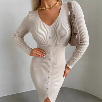 Damen Strickkleid V-Ausschnitt Hochgeschlossen - Norvielle