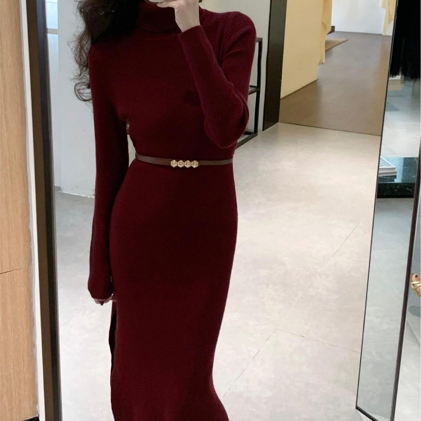 Damen Strickkleid Hohler Kragen Tailliert Anthrazit Norvielle