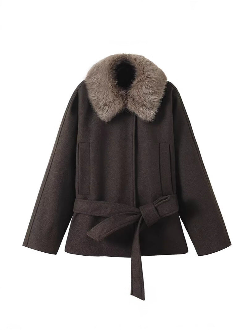 Damen Übergangsjacke Kunstfellkragen Taillengürtel Norvielle