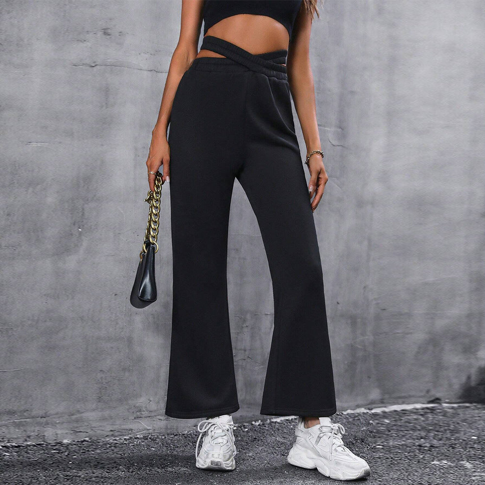 Damen High-Waist-Hose Weite Bein mit Knoten-Detail Schwarz - Norvielle