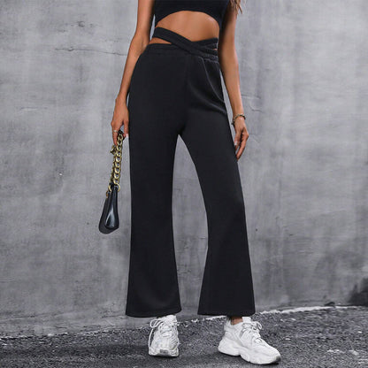 Damen High-Waist-Hose Weite Bein mit Knoten-Detail Schwarz - Norvielle