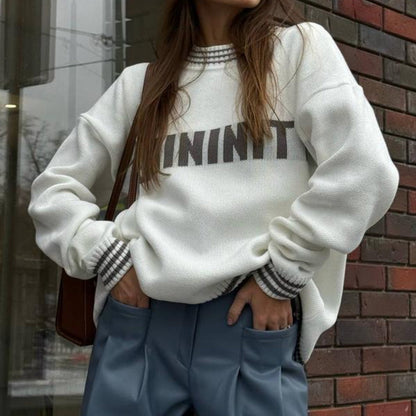 Damen Sweatpullover mit Schriftzug und Streifen Bündchen