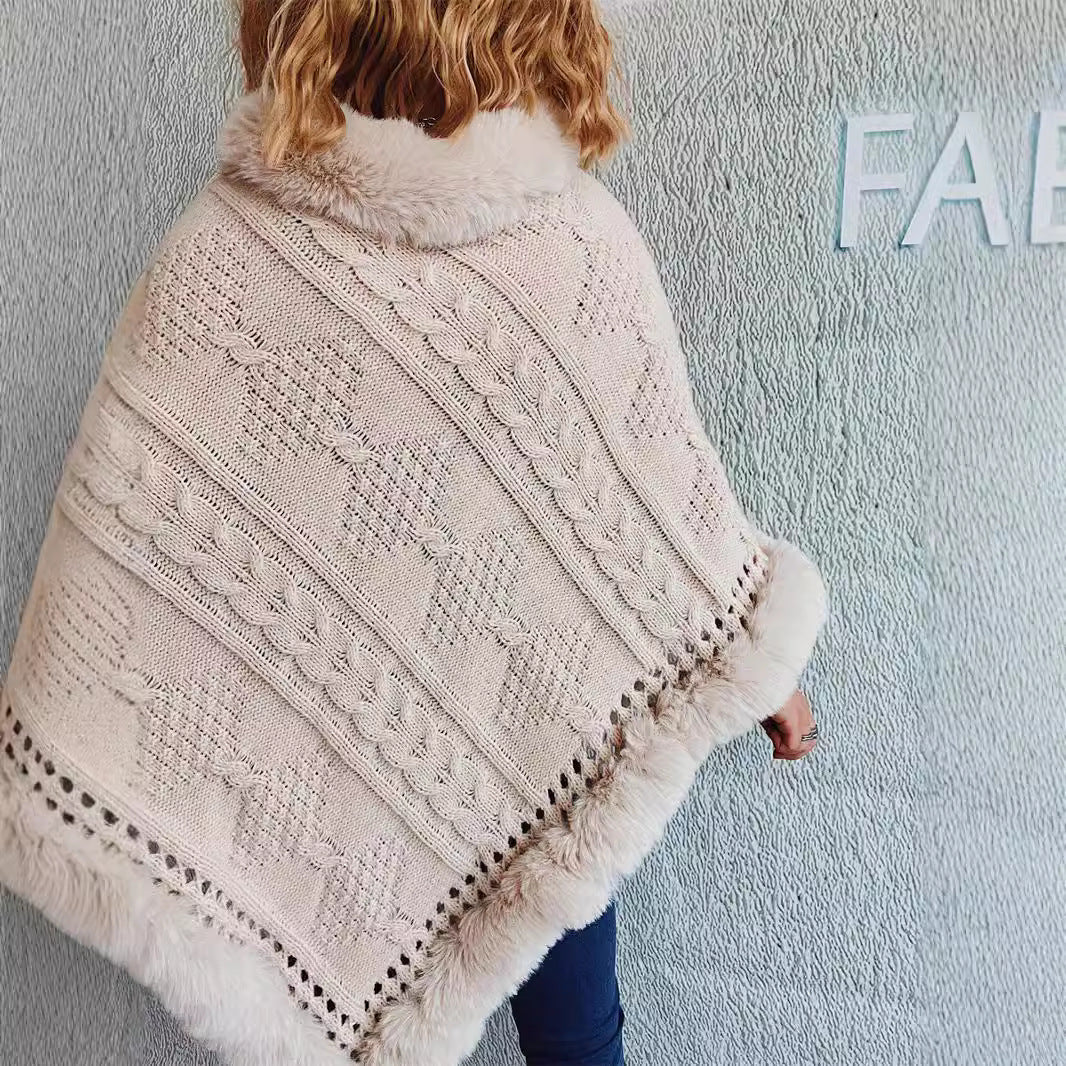 Damen Strickponcho Weiches Fell Norvielle Zopfmuster Beige