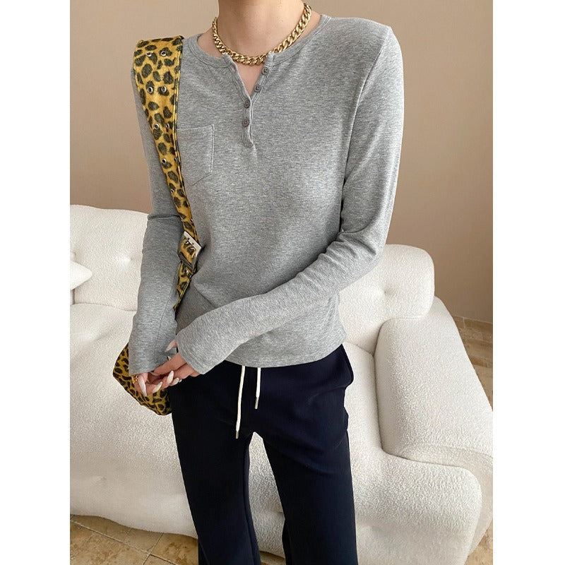Damen Langarmshirt mit Knöpfen und Brusttasche Norvielle