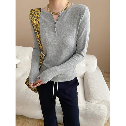 Damen Langarmshirt mit Knöpfen und Brusttasche Norvielle