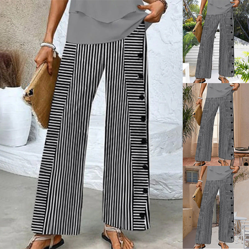 Damen Streifenpalazzo-Hose Weite Passform Knopfdetails Schwarz - Norvielle