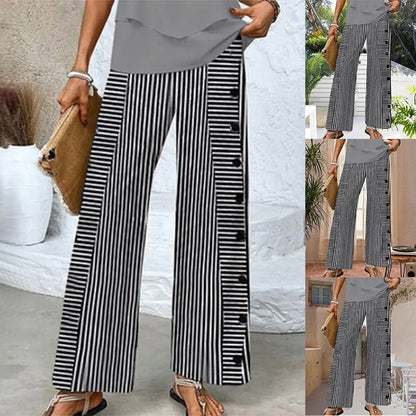 Damen Streifenpalazzo-Hose Weite Passform Knopfdetails Schwarz - Norvielle