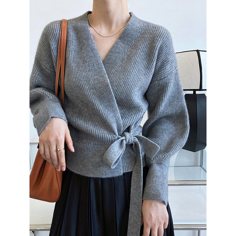Damen Wickelpullover Breite Ärmel Taillengürtel Norvielle
