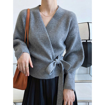 Damen Wickelpullover Breite Ärmel Taillengürtel Norvielle