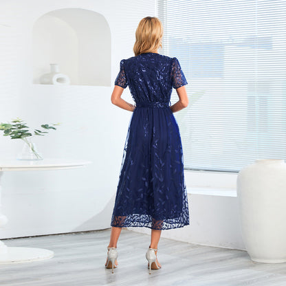 Norvielle Damen Midi Kleid V-Ausschnitt Kurzärmelig mit Gürtel - Norvielle
