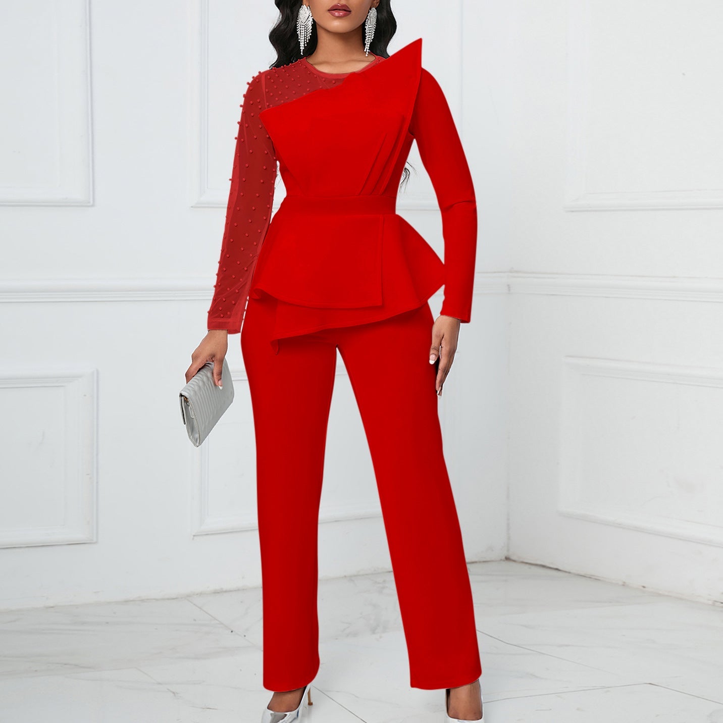 Damen Jumpsuit Asymmetrisch Perlendetails