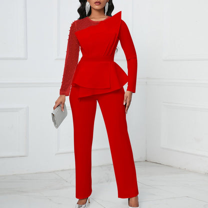 Damen Jumpsuit Asymmetrisch Perlendetails