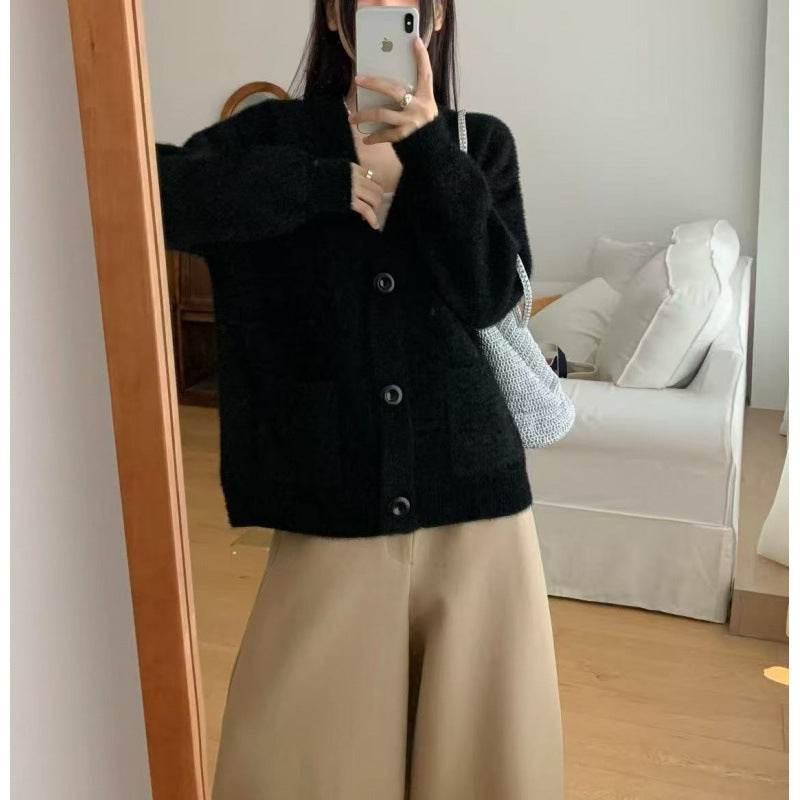 Damen Flauschiger Cardigan mit Knöpfen und Taschen Norvielle