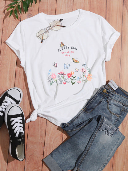 Damen T-Shirt Blumendruck Weiß
