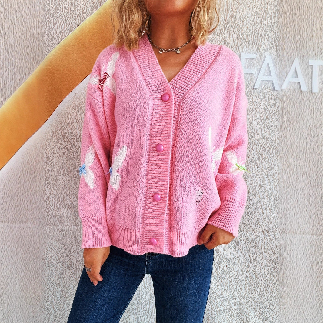 Damen Strickjacke Bunt Schmetterlingsmuster Knopfleiste