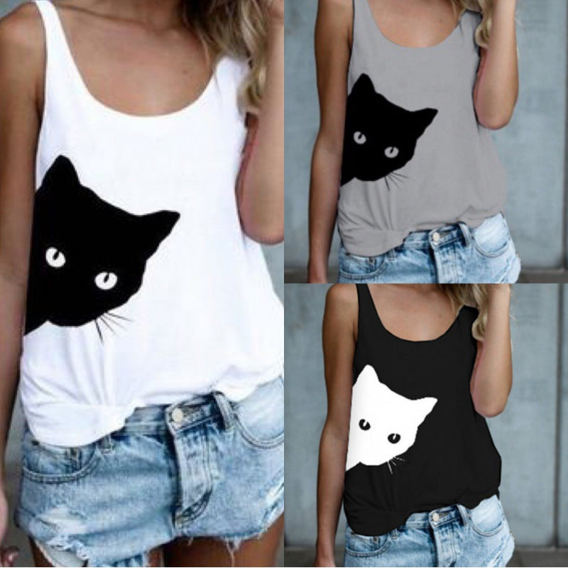 Damen Tanktop Katzenmotiv Baumwolle Lässig Weiß
