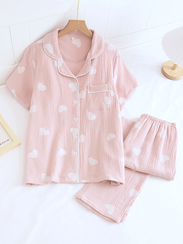 Damen Pyjama-Set Herzmuster Knopfleiste - Norvielle