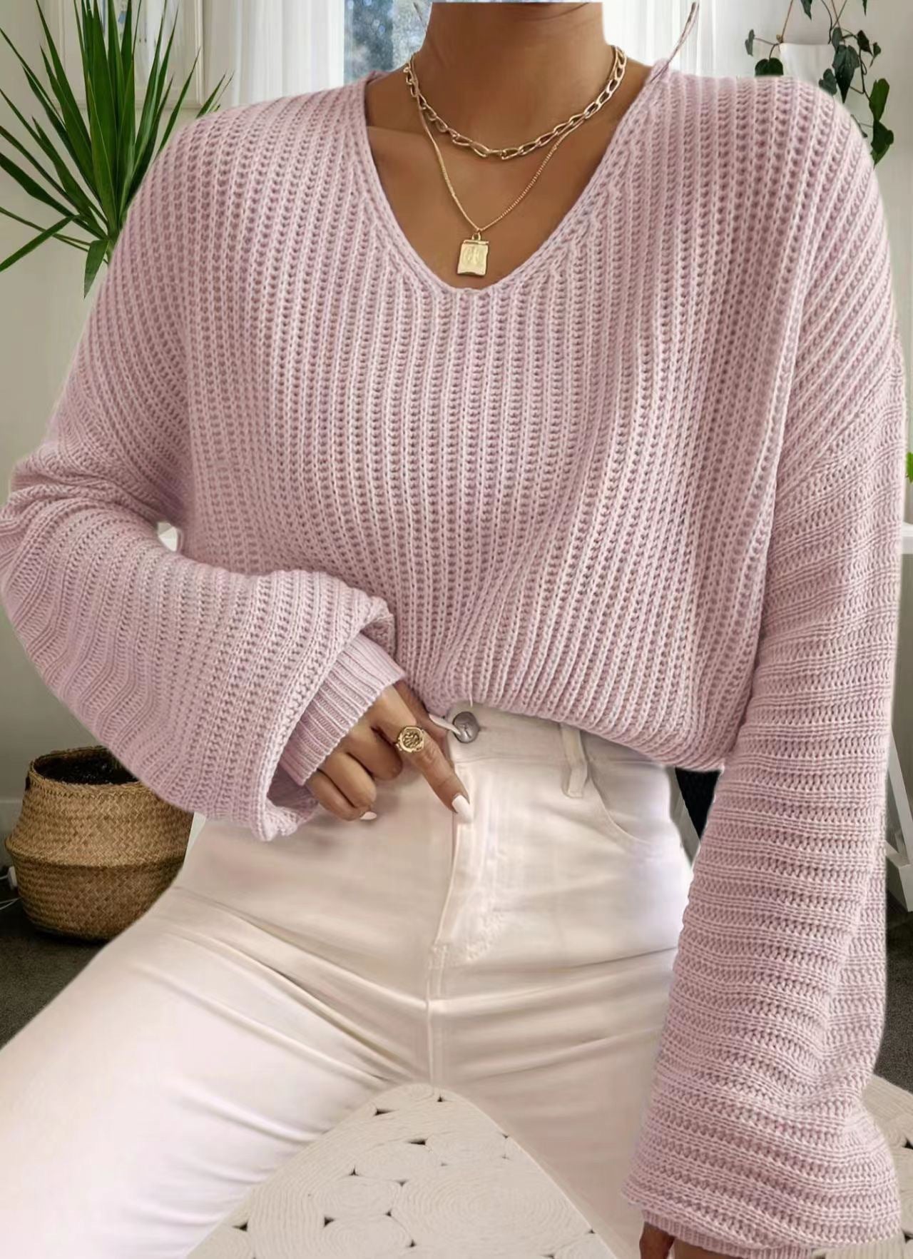 Damen Strickpullover Luftig V-Ausschnitt Länge Lang Ärmel Norvielle