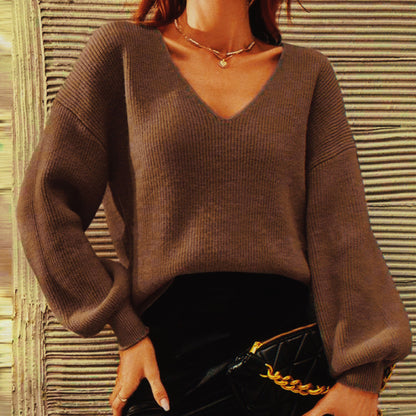 Damen Pullover V-Ausschnitt Lässige Passform Baumwolle Beige