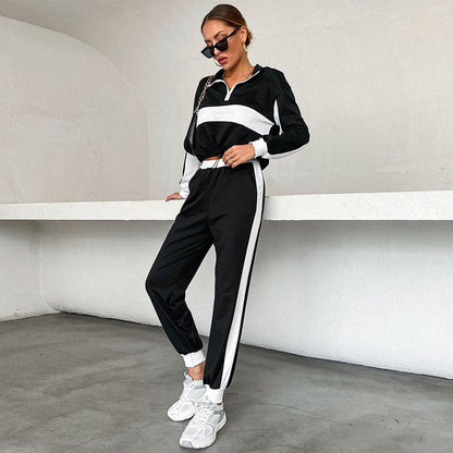 Damen Sportliches Trackset Elastischer Bund Kontraststreifen Schwarz - Norvielle