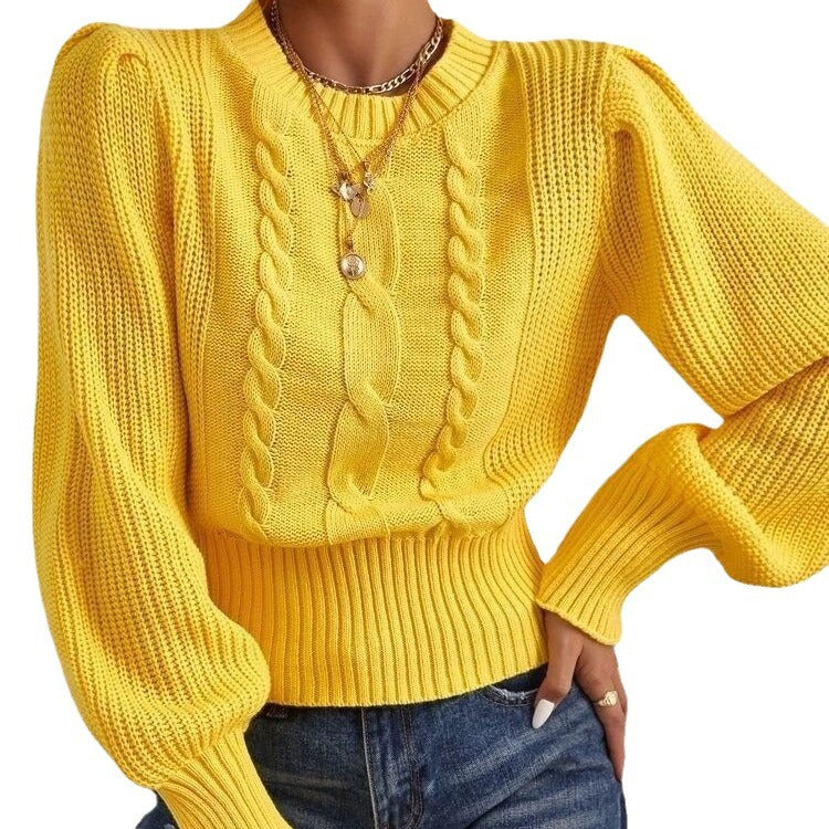 Damen Grobstrickpullover Voluminöse Ärmel Zopfmuster
