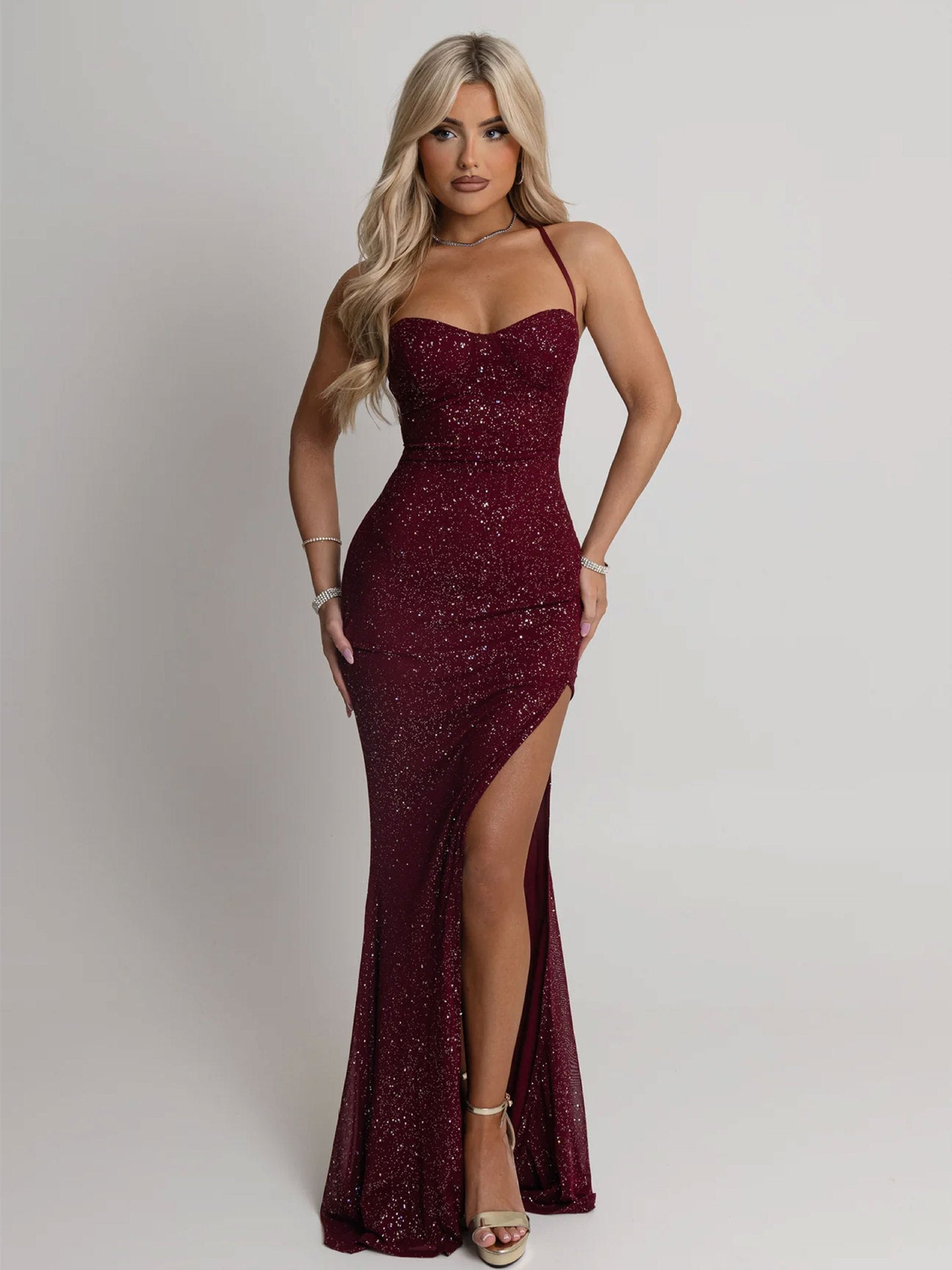 Damen Abendkleid Paillettenbesatz Schlitz
