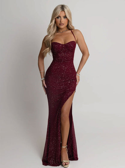 Damen Abendkleid Paillettenbesatz Schlitz