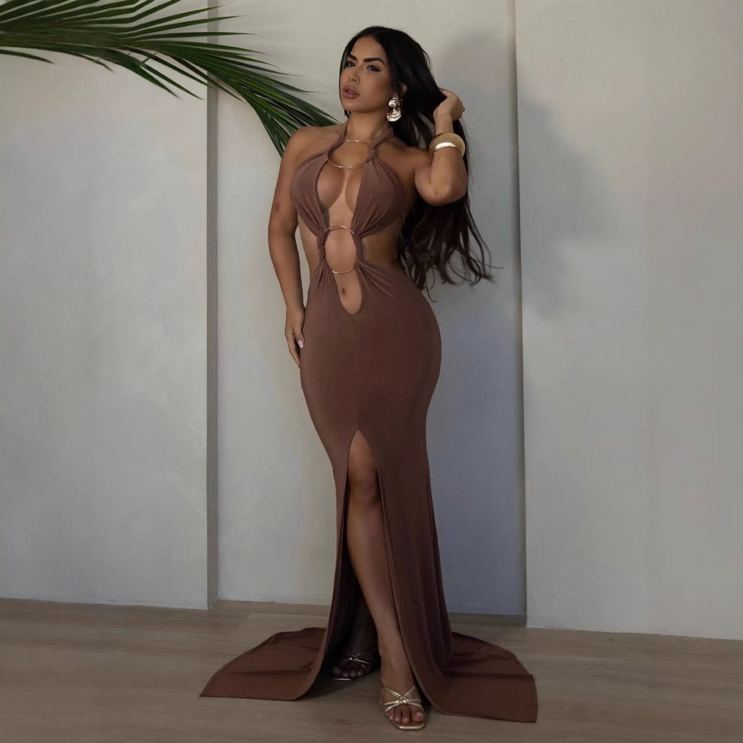 Damen Maxikleid V-Ausschnitt Raffungselemente Norvielle