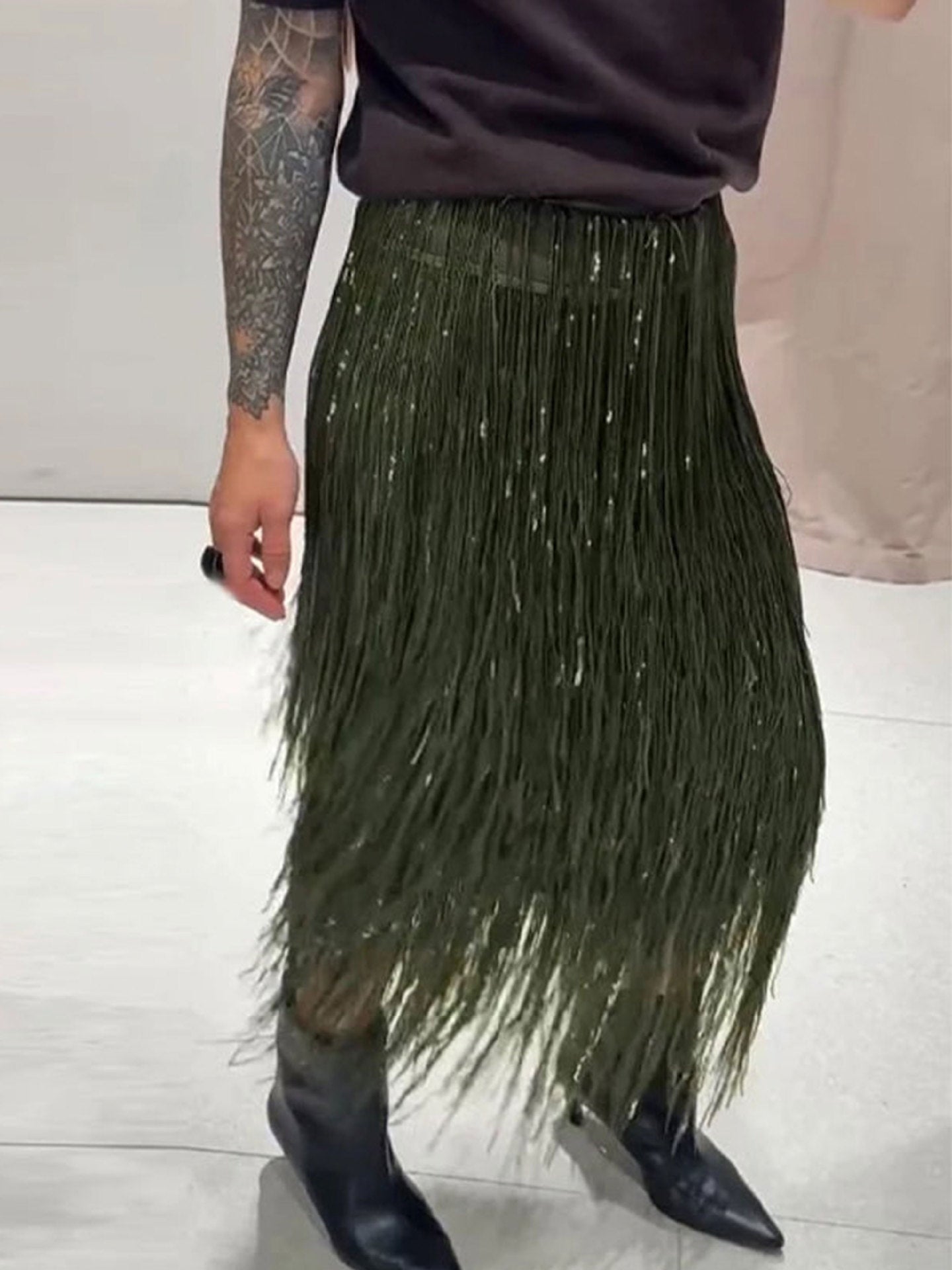 Damen Fransenrock Elastisch Mit Schimmerdetails