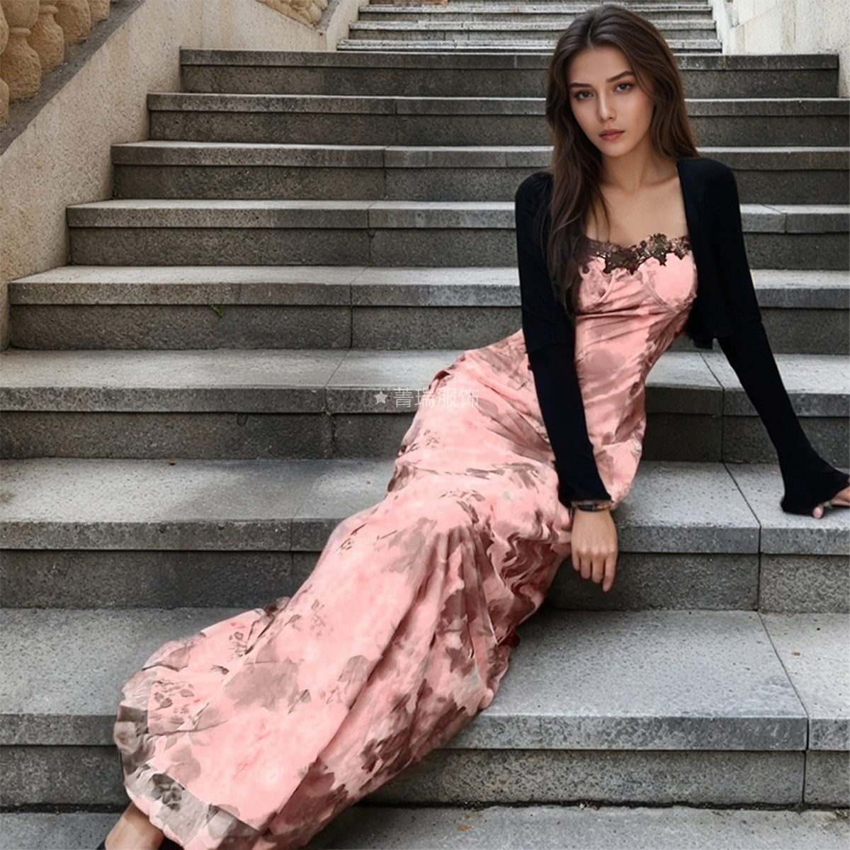 Damen Maxikleid Spitzenverzierungen V-Ausschnitt Norvielle