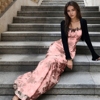 Damen Maxikleid Spitzenverzierungen V-Ausschnitt Norvielle