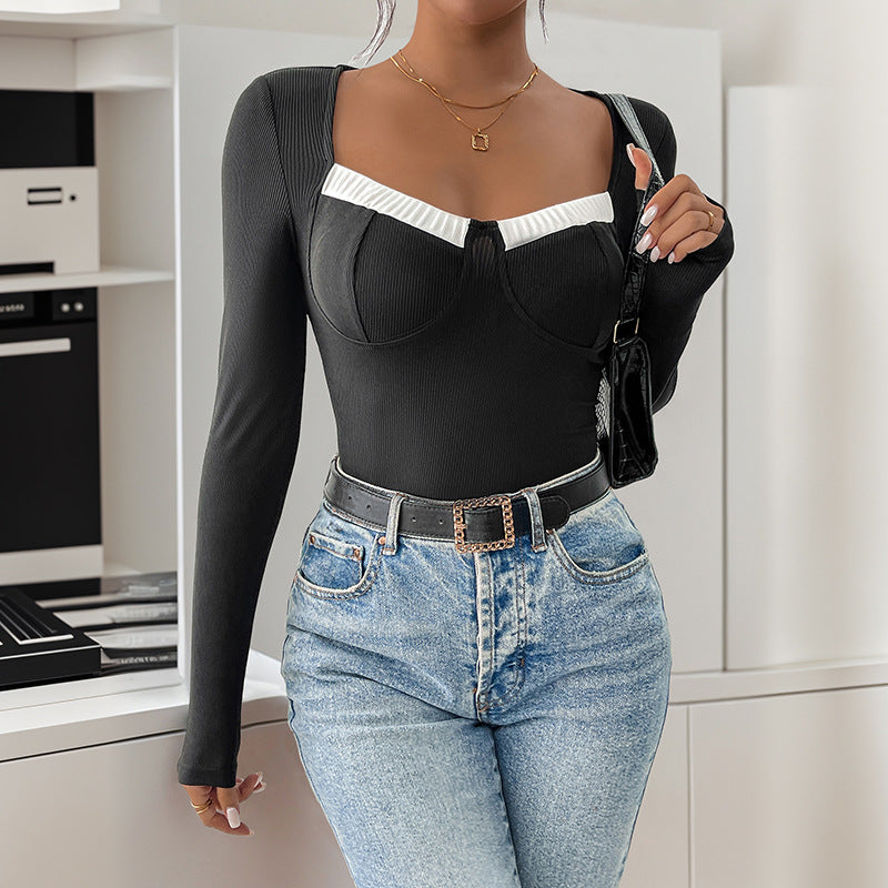 Damen Bodysuit Langarm Spitzeneinsatz
