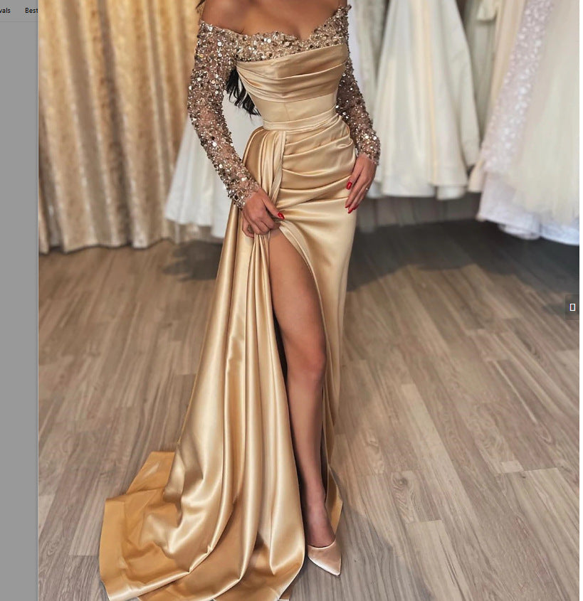 Damen Abendkleid Schimmernder Rock Glitzer Ärmel Norvielle