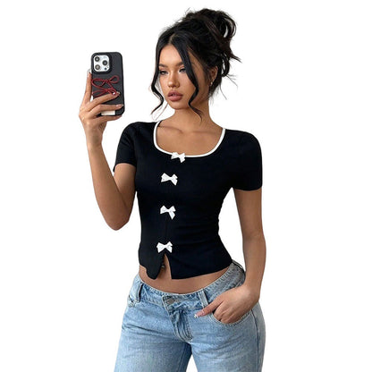 Damen Oberteil Cropped V-Ausschnitt mit Schmetterlingsknöpfen