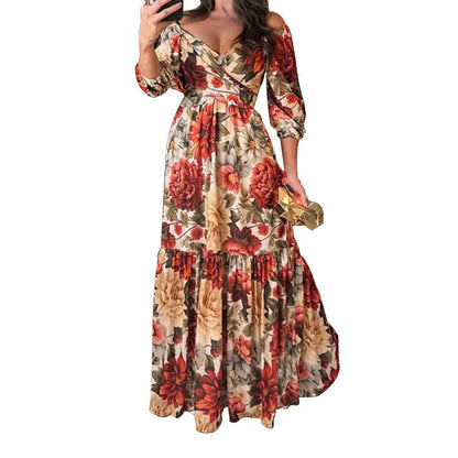 Damen Maxikleid Schulterfrei Floralmuster Rüschensaum Norvielle