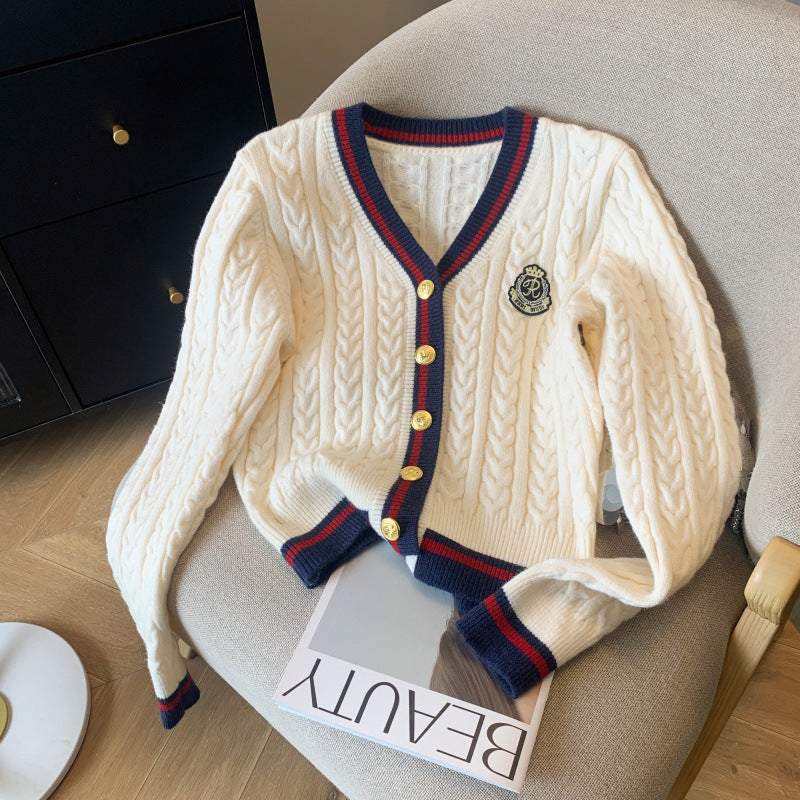 Damen Cardigan Grobstrick Dekorative Knöpfe Streifenmuster Beige - Norvielle