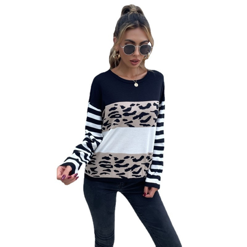 Damen Pullover mit gestreiften Ärmeln und Tierdruck