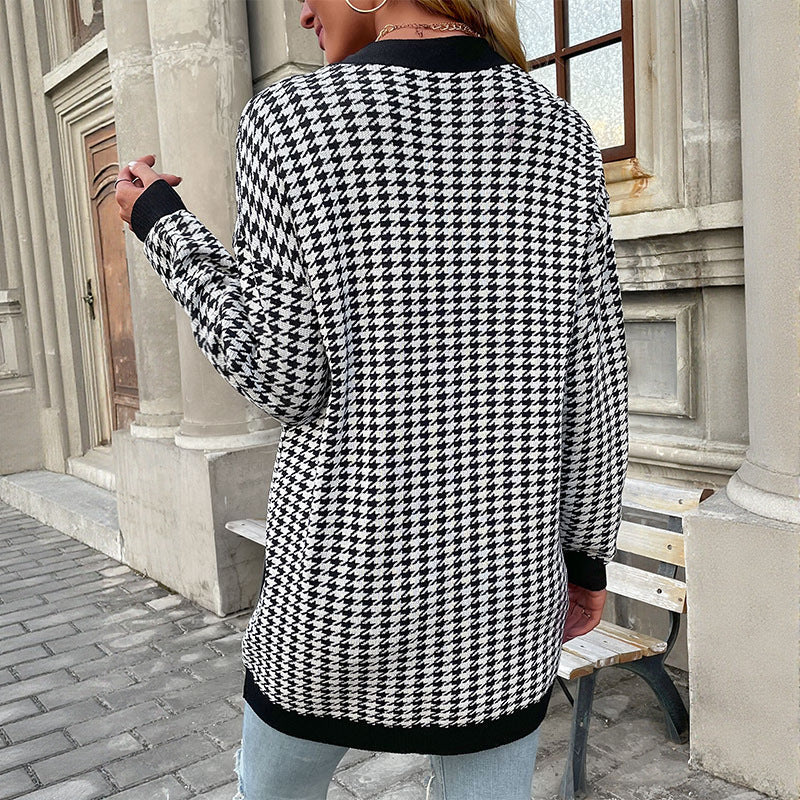 Damen Strickcardigan Lang Hahnentritt-Muster Große Knöpfe Beige