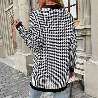 Damen Strickcardigan Lang Hahnentritt-Muster Große Knöpfe Beige