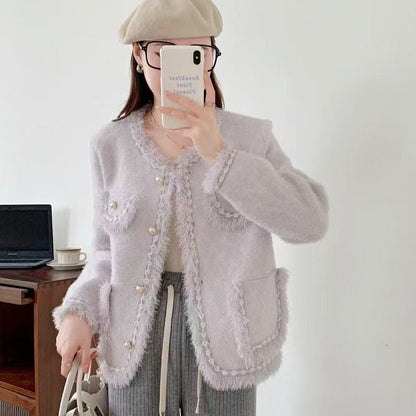 Damen Strickjacke Kuschelig Perlen Fransen Beige