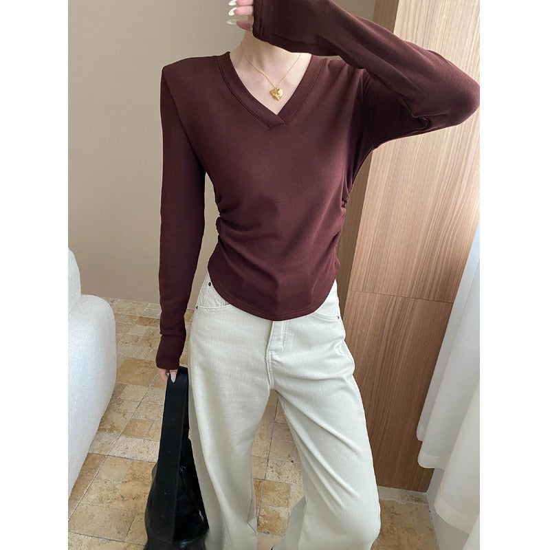 Damen Longsleeve-Oberteil V-Ausschnitt Raffung Norvielle