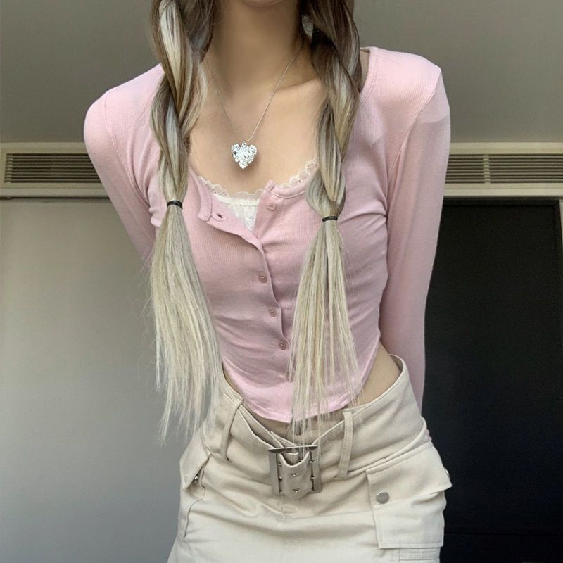 Damen Langarmshirt Cropped mit Knöpfen und Raffitäschchen Schwarz - Norvielle