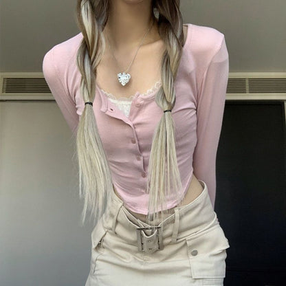 Damen Langarmshirt Cropped mit Knöpfen und Raffitäschchen Schwarz - Norvielle