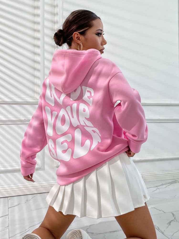 Damen Hoodie Kordelzug Kängurutasche Rückenprint Grau