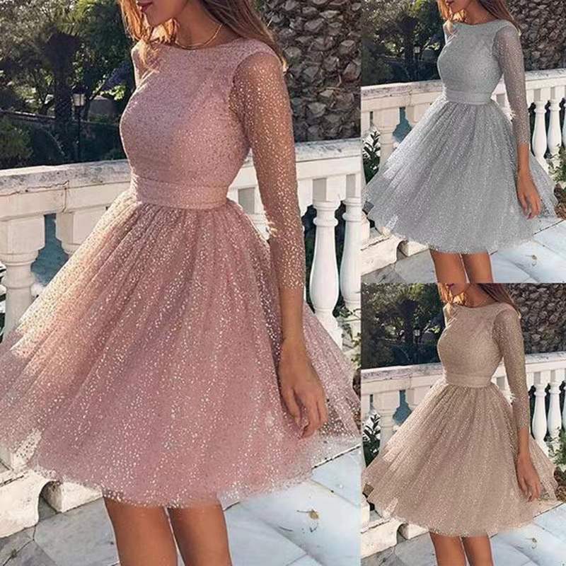 Damen Tüllkleid Glitzernd Elegant Langer Ärmel - Norvielle