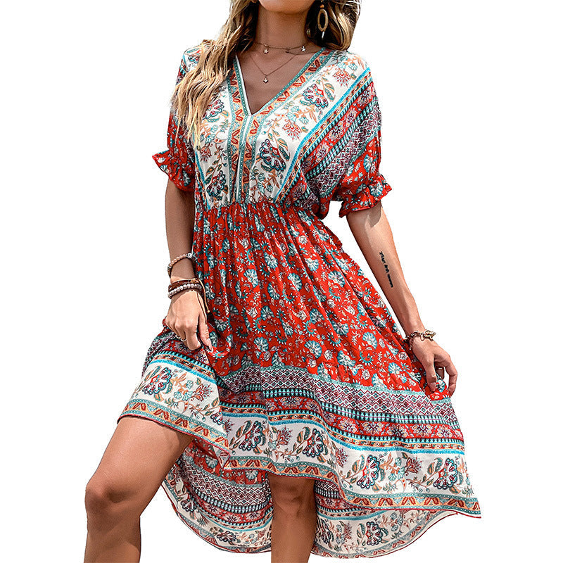Damen Maxi-Kleid Floralmuster Asymmetrisch