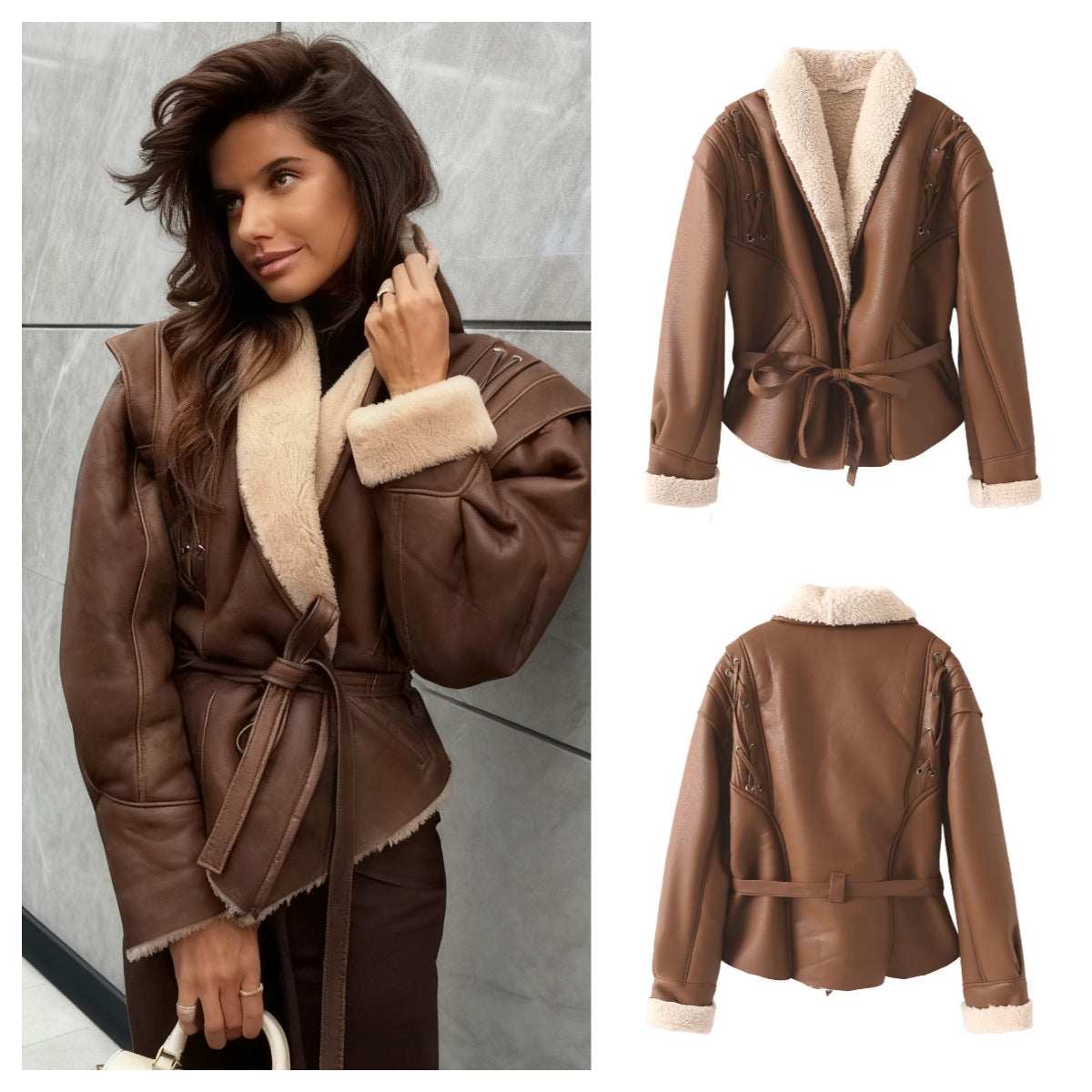 Damen Kunstlederjacke Teddyfutter Schnürdetails Schwarz - Norvielle
