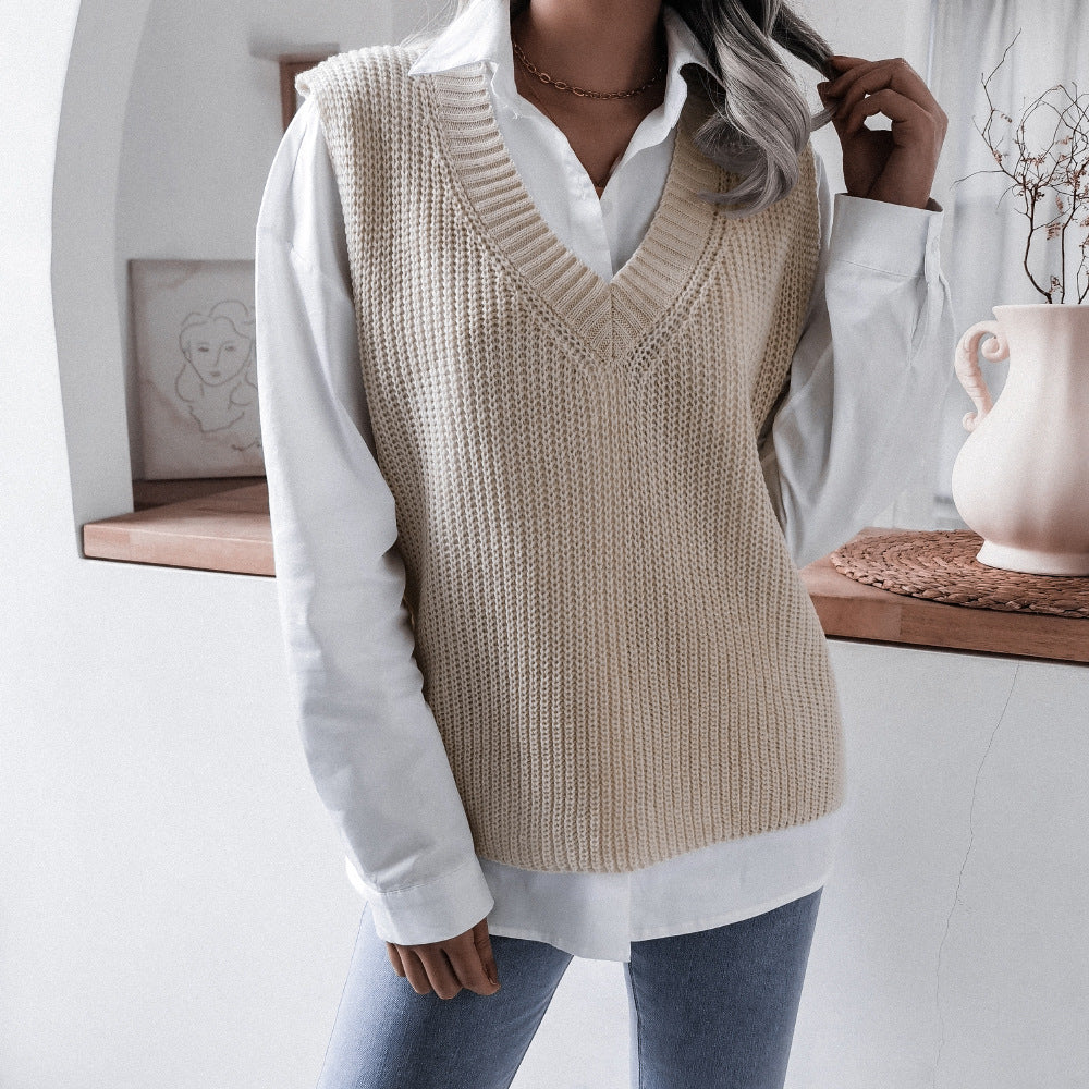 Damen Strickweste V-Ausschnitt Strukturiert Beige