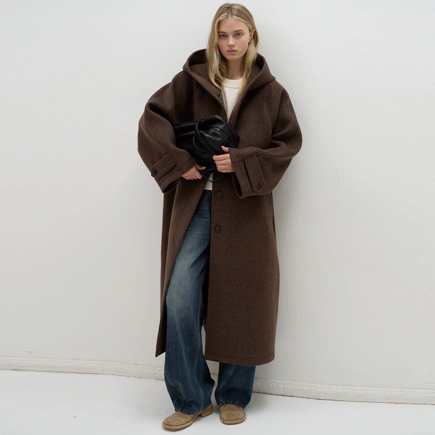 Damen Oversized Wollmantel mit Kapuze