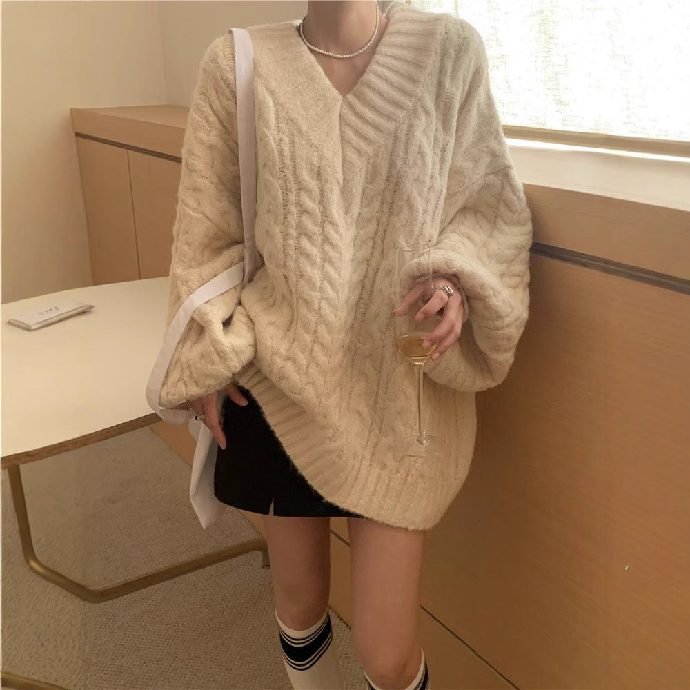 Damen Strickpullover Strukturiertes Kabelmuster Voluminöse Ärmel